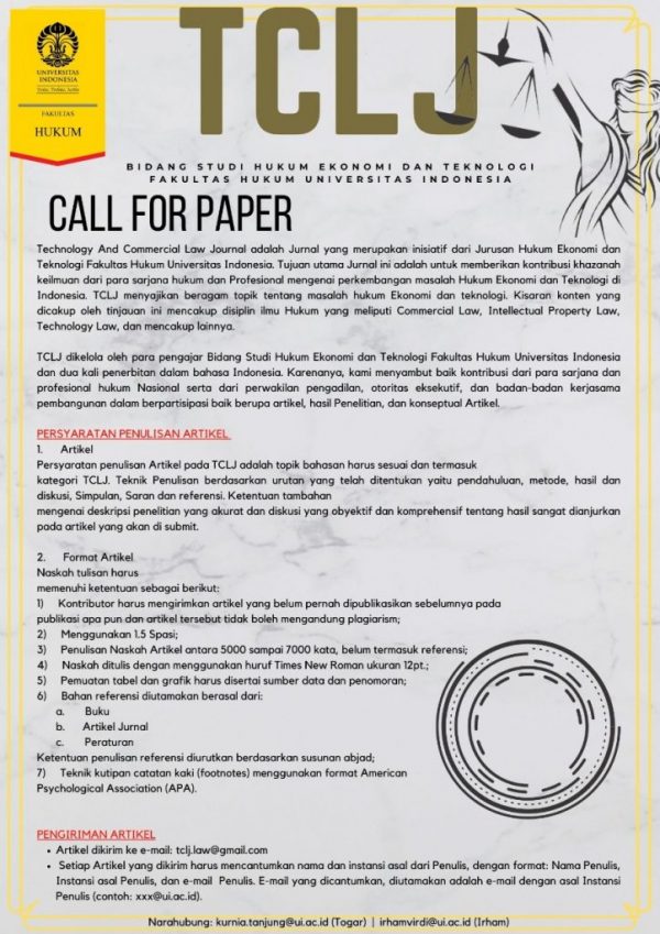 Call For Papers Technology and Commercial Law Journal – Fakultas Hukum